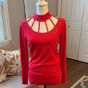 "Lady In Red" Cutout Sweater w/ Rhinestone Accents - Large by Oliver.o ❤️😘 NWT